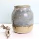 Large enamelled stoneware pot, Taizé pottery, blue and beige, vintage