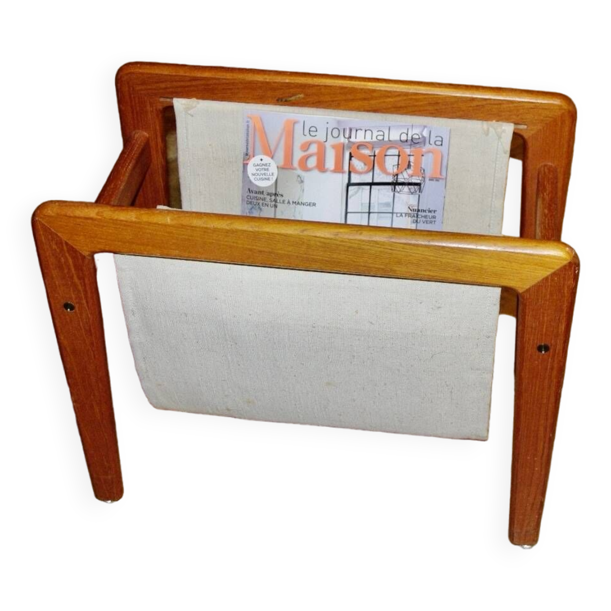 Danish teak and cotton magazine rack, 1950s
