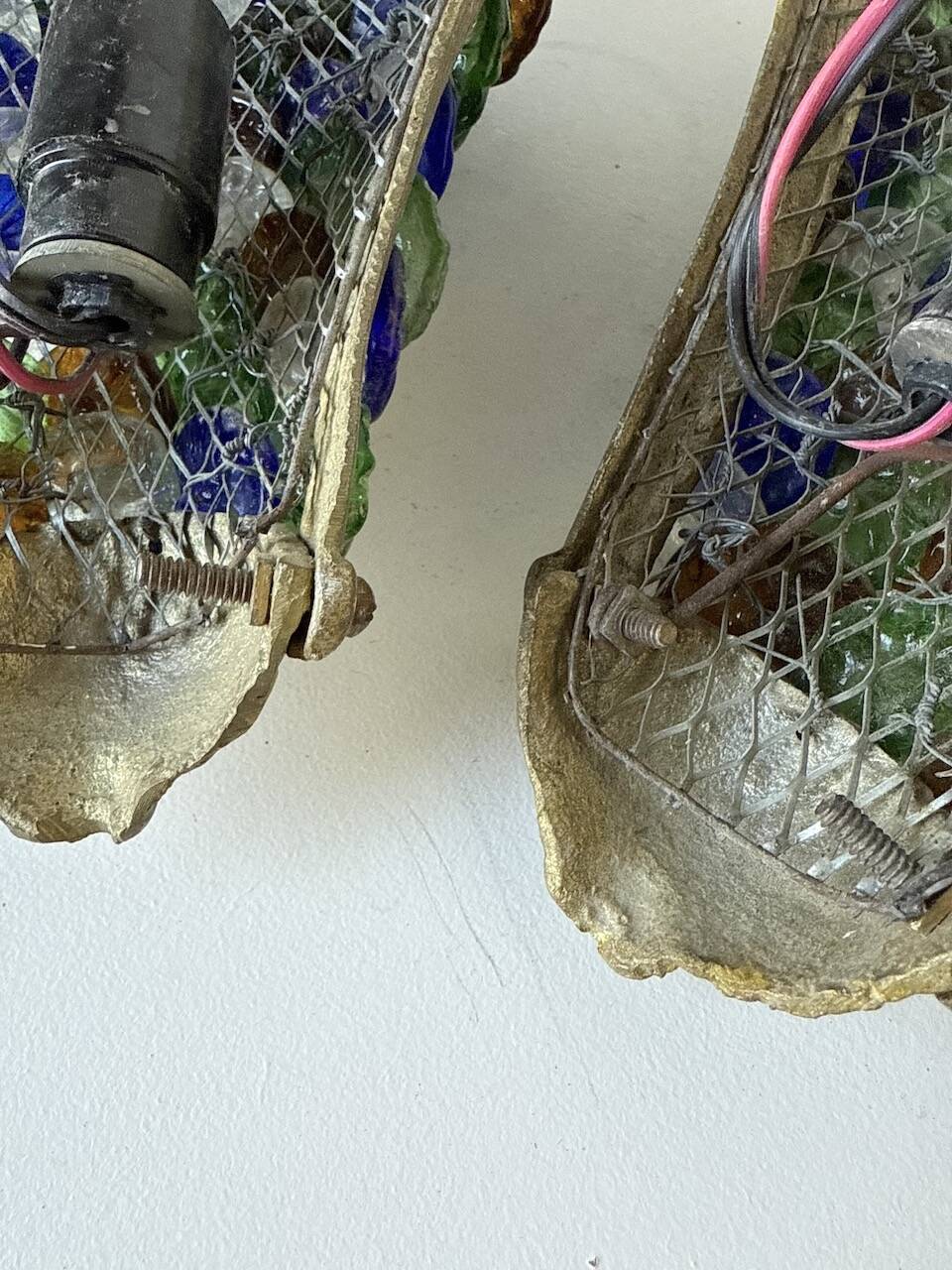 Pair of Art Nouveau bronze and Murano glass wall lights