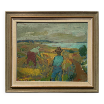 Svan Grandin (1906- 1982) Vintage Oil Painting Landscape “Harvesters”