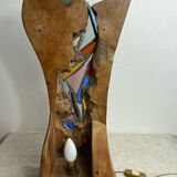 Carved wooden lamp and stained glass