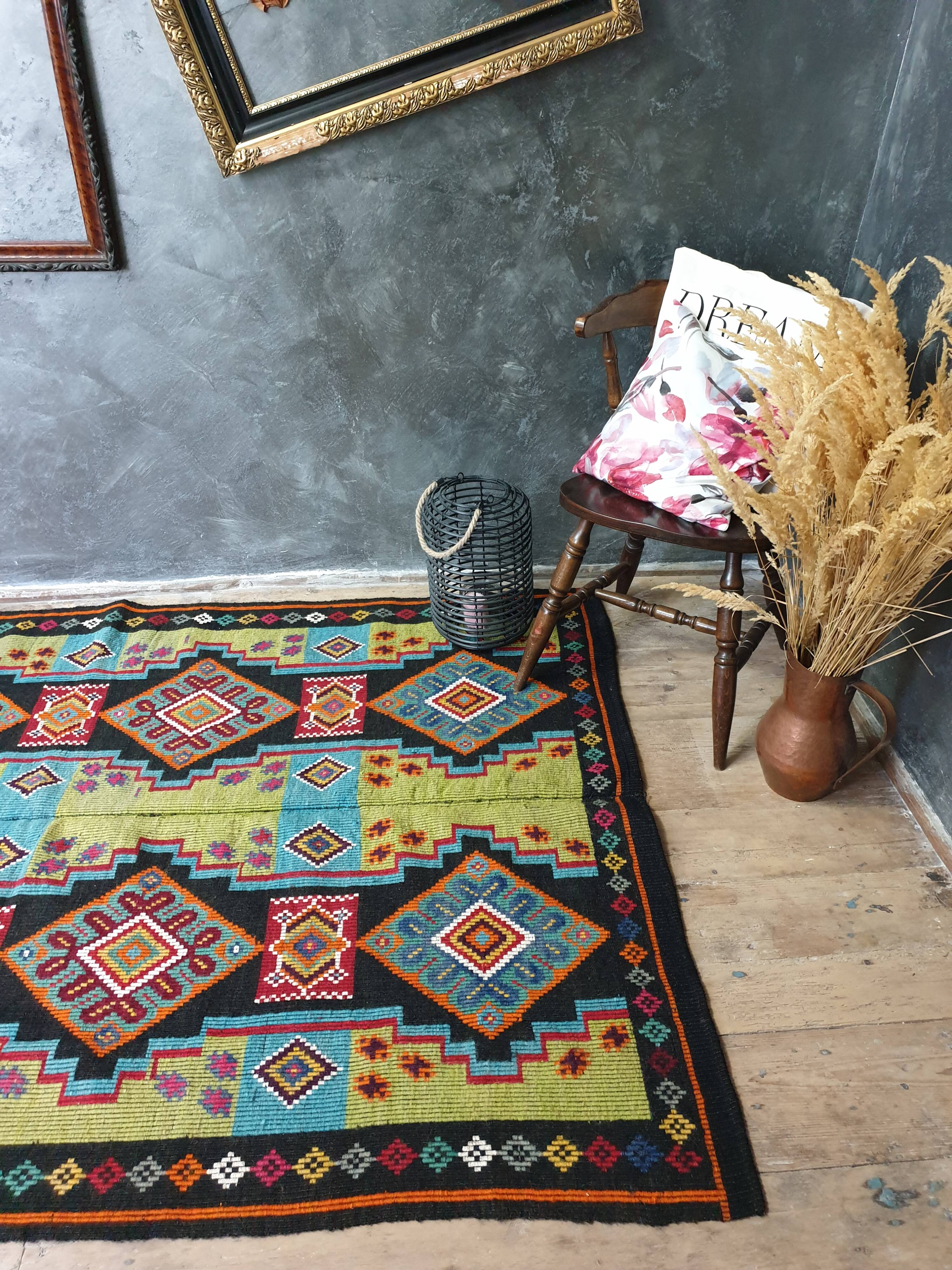 Handwoven vintage accent geometrical rug, colorful wool, Romanian carpet 220x146cm