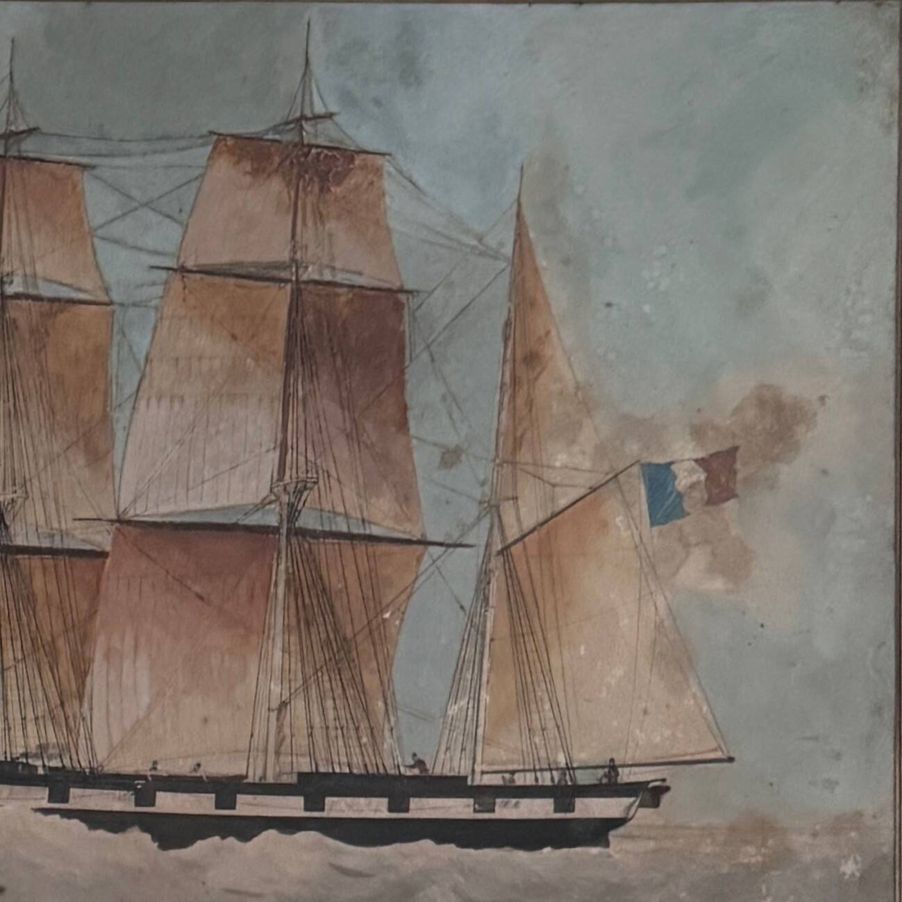 Watercolor on paper of a three-masted French ship from the 19th century by Th. Cochard