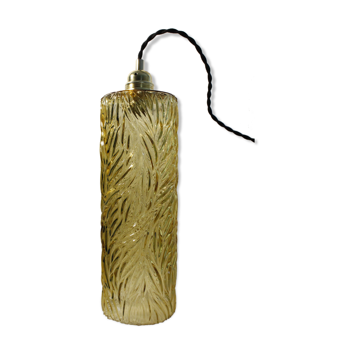 Vintage/art deco cylindrical pendant lamp in chiseled amber glass electrified