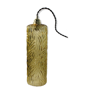 Suspension vintage art déco cylindrique en verre ambré ciselé électrifiée à neuf
