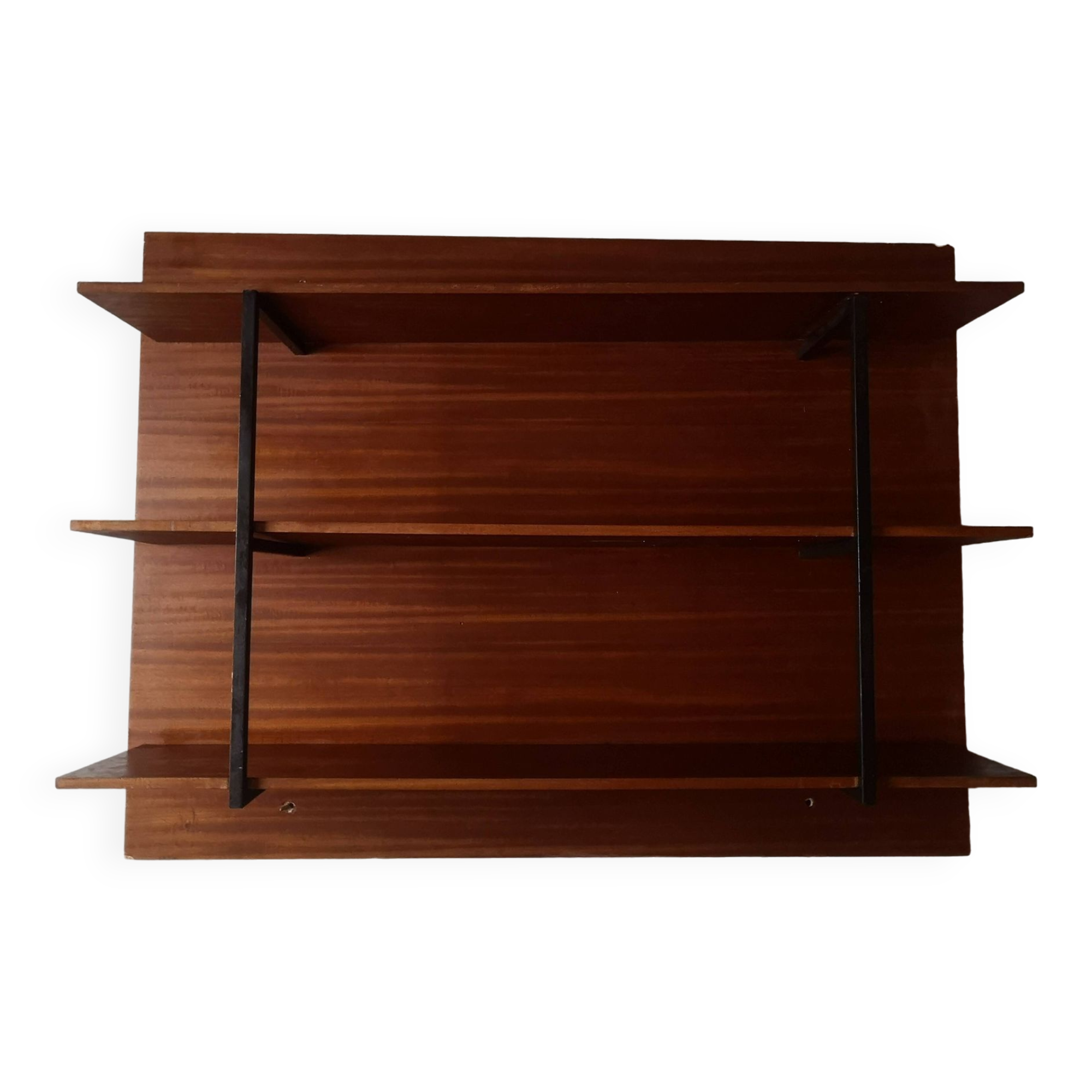 wall-mounted bookcase in wood and black metal, Scandinavian design 1970