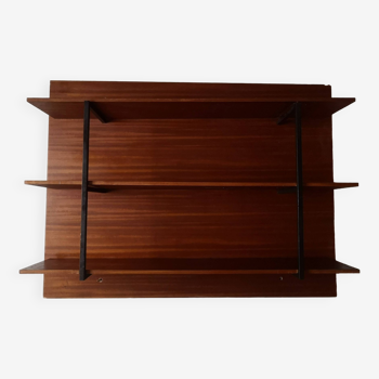 bibliotheque murale en bois et métal noir, design scandinave 1970