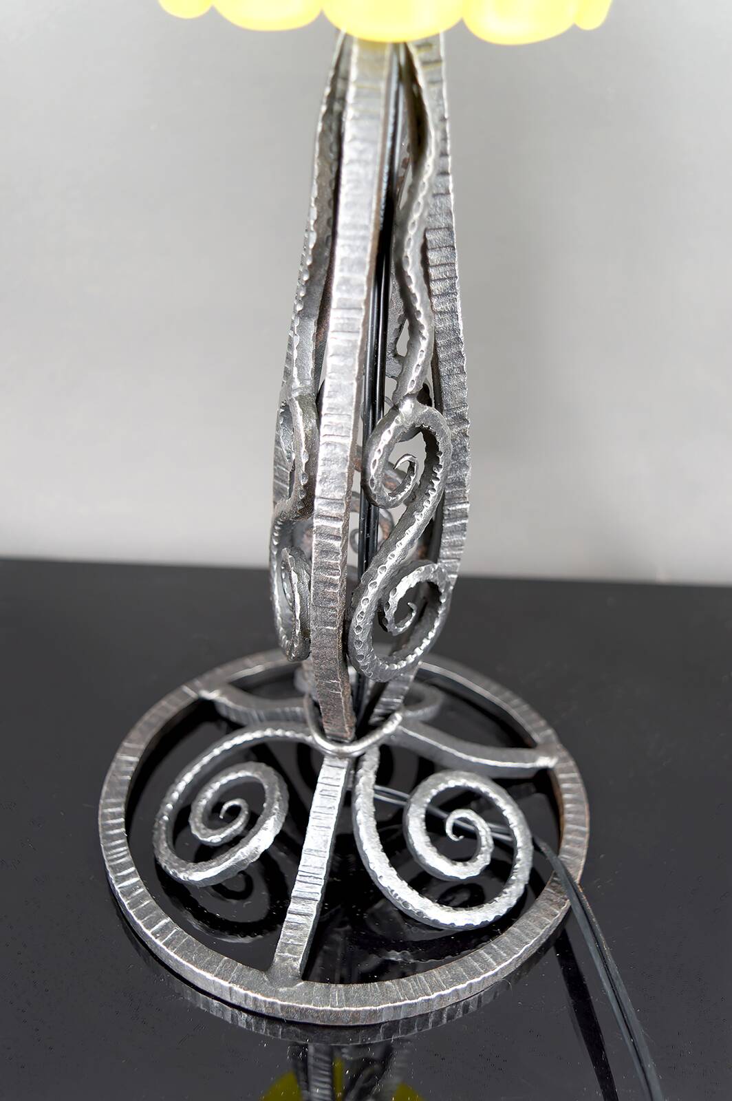 Pair of Wrought Iron & Blown Glass Lamps, France, Art Deco, c. 1930