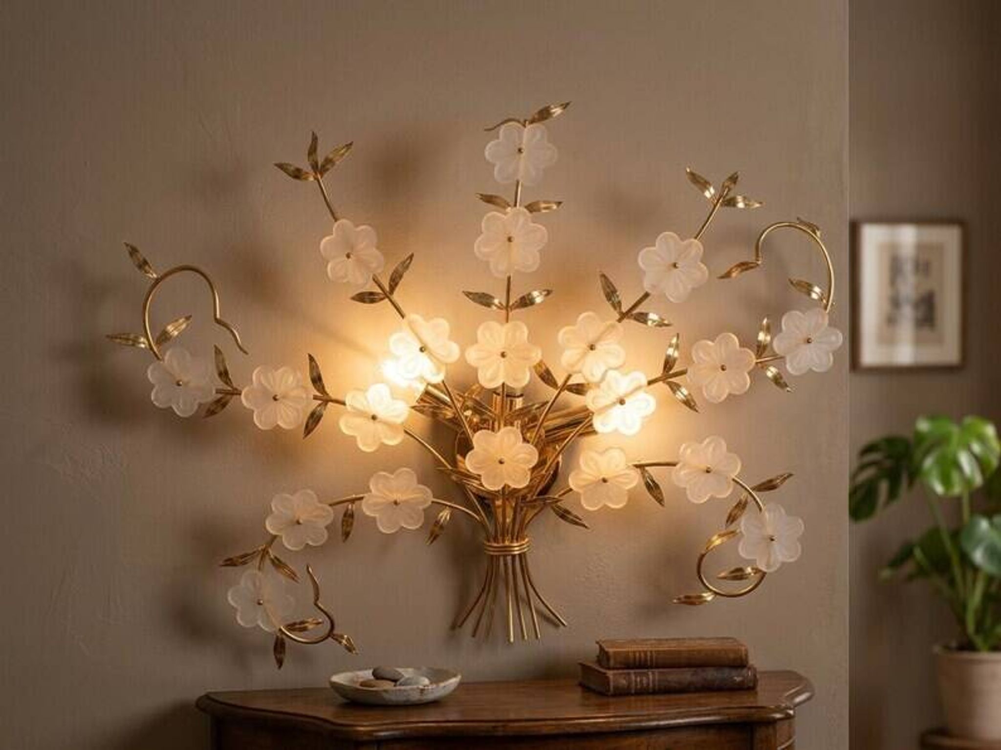 1980s wall lamp with 20 Murano glass flowers and 3 lights.