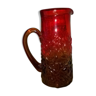 Carafe - verre soufflé - bicolore rouge & orange - décor relief - 1.5l