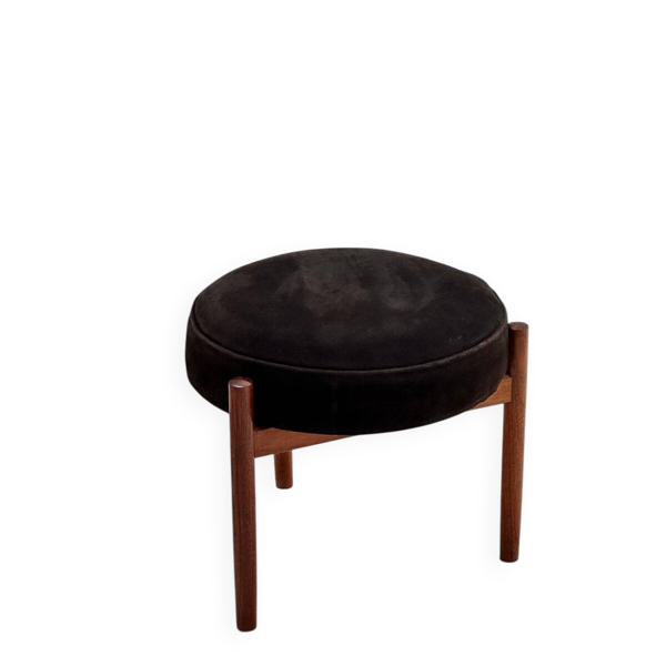 Tabouret repose-pieds en teck et daim, Hugo Frandsen, Spottrup Mobelfabrik, Danemark