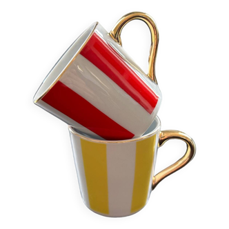 Paire de tasses rayées rouge et jaune