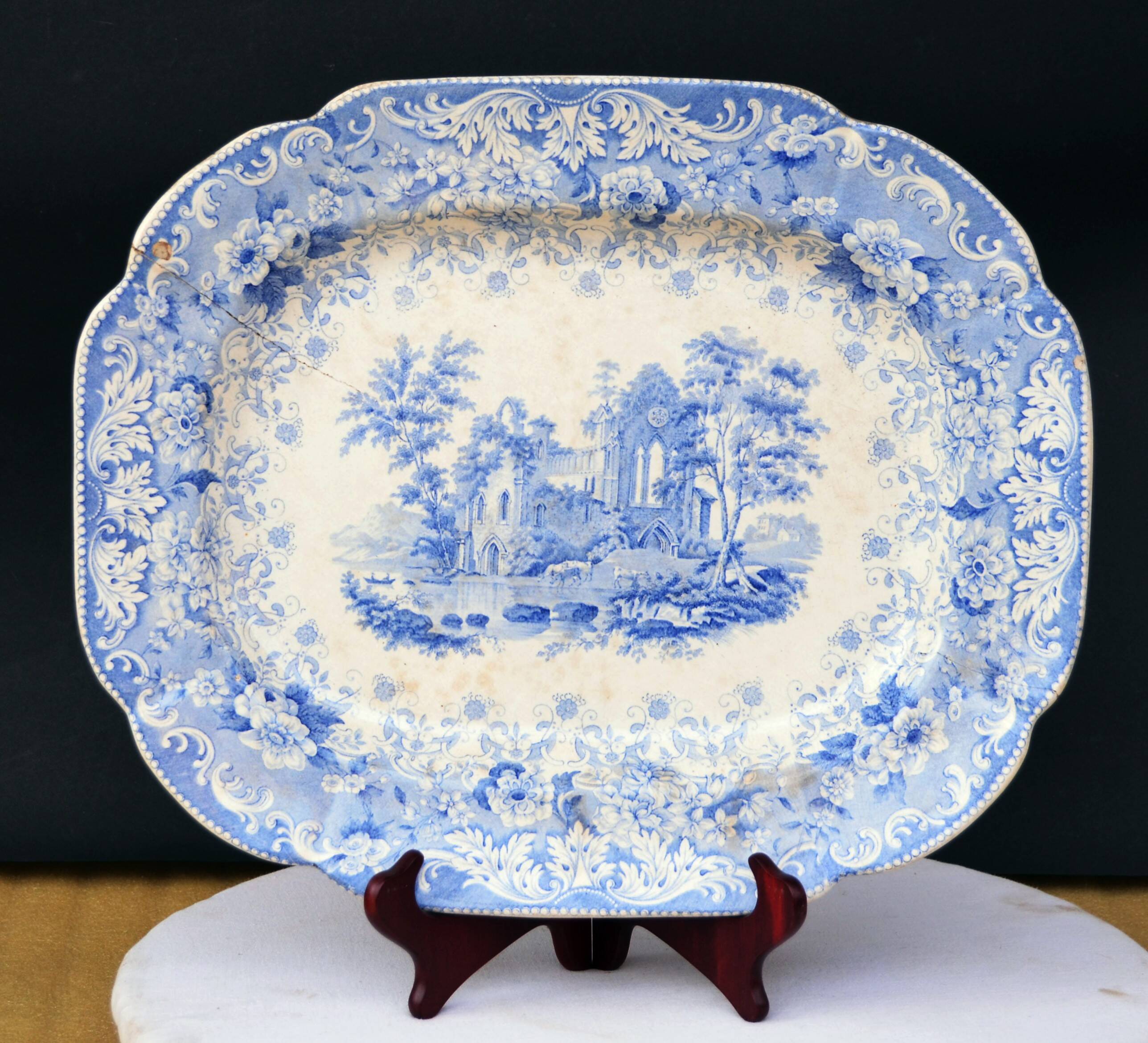 Large Decorative Platter Blue Transferware with Abbey Ruin early 19th C.