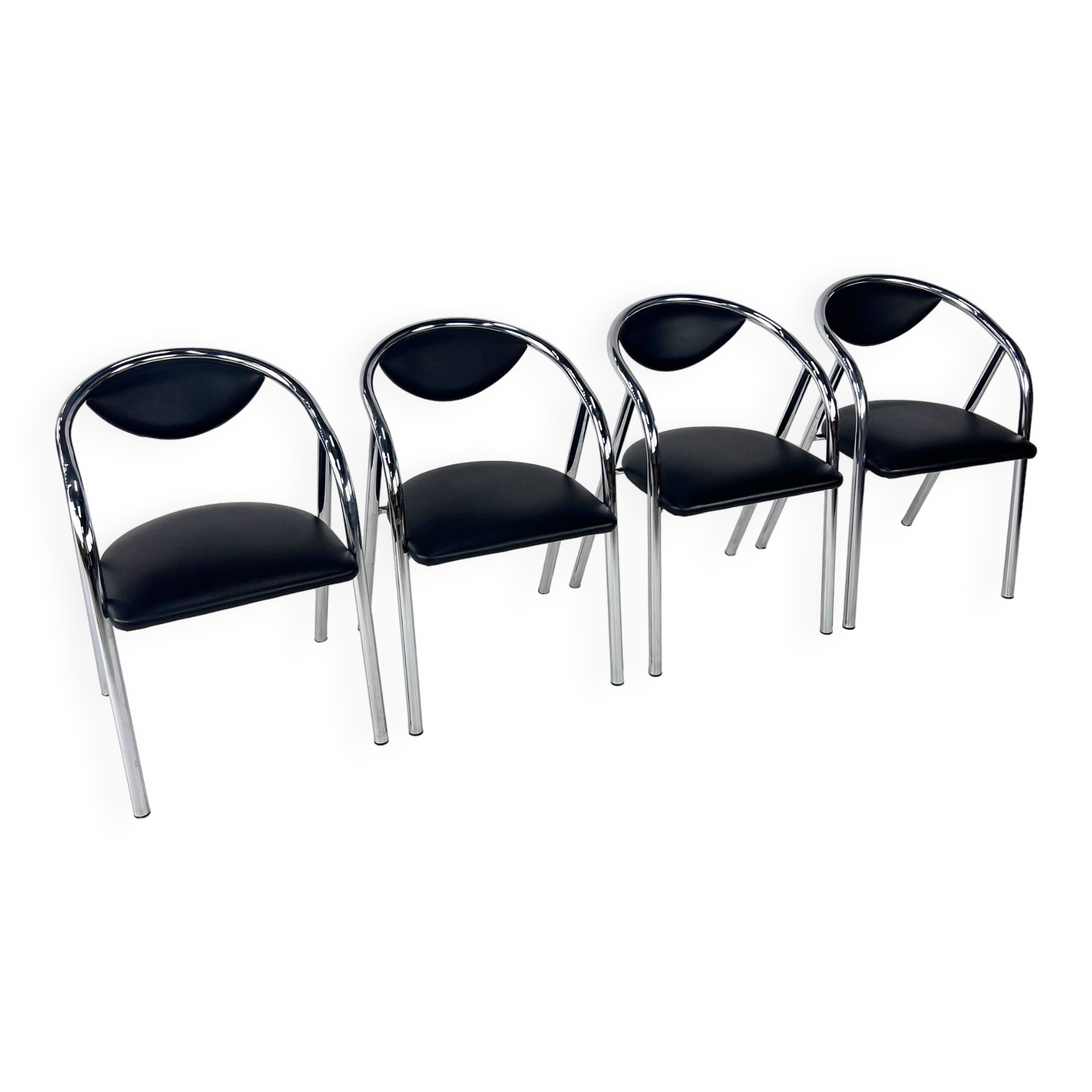 Set of 4 Postmodern Tubular Frame and Leather Dining Chairs, 1980s