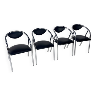 Ensemble de 4 chaises de salle à manger postmodernes à cadre tubulaire et cuir, 1980