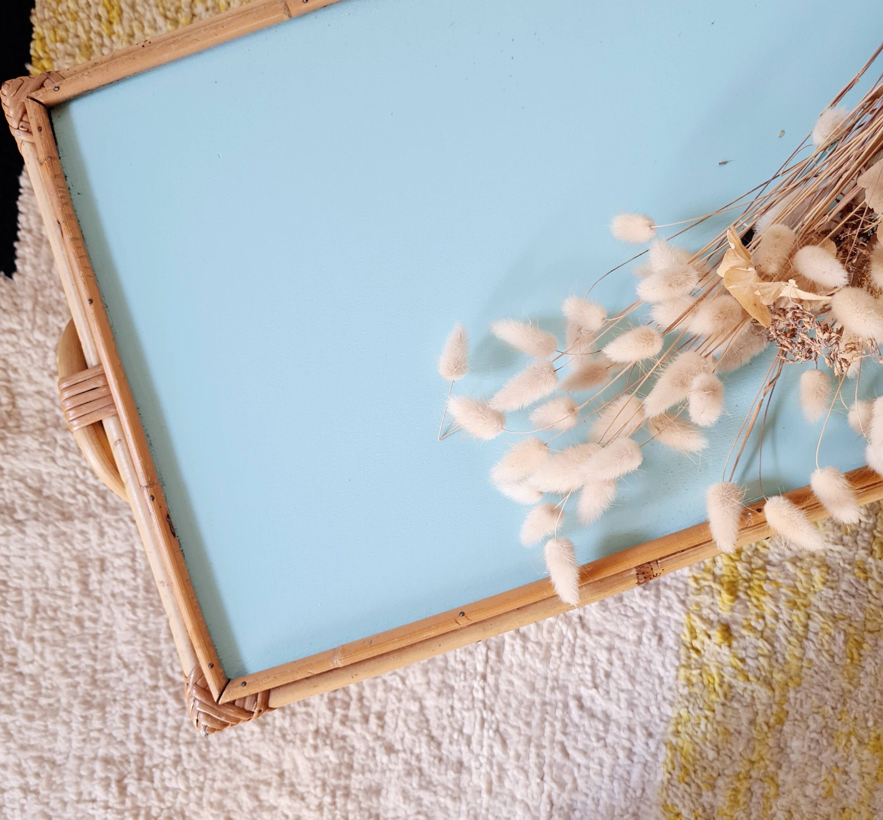 1960s rattan coffee table - blue top