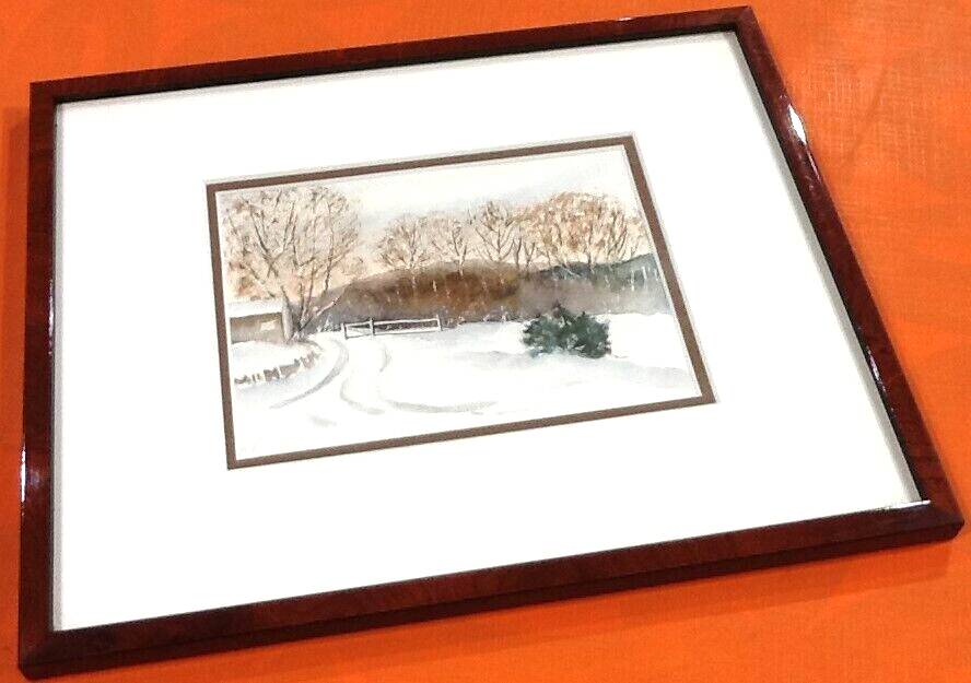 Framed watercolor Winter Landscape under the snow by D.Camelo