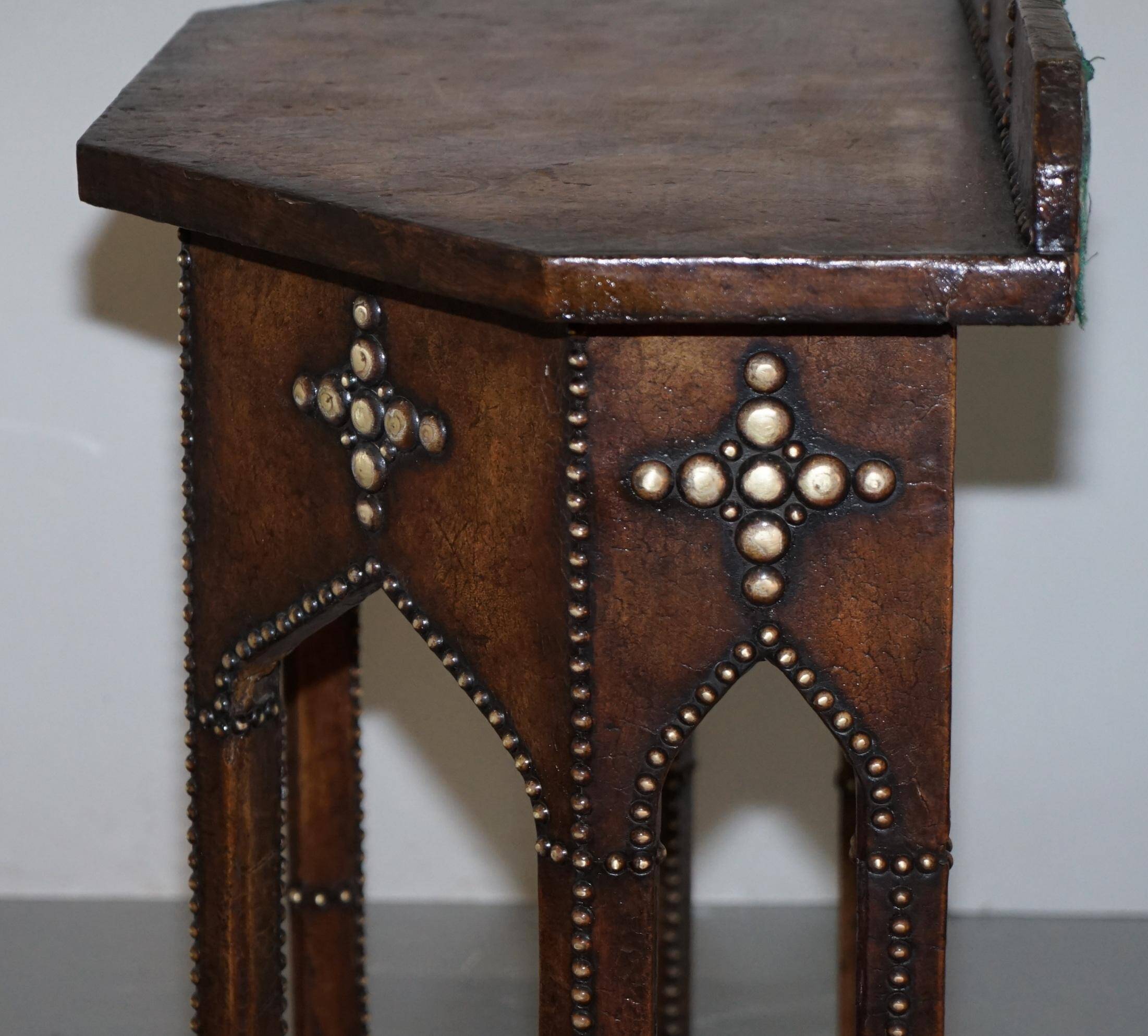 Antique Leather Studded Console Table in Gothic Pugin Style Restored