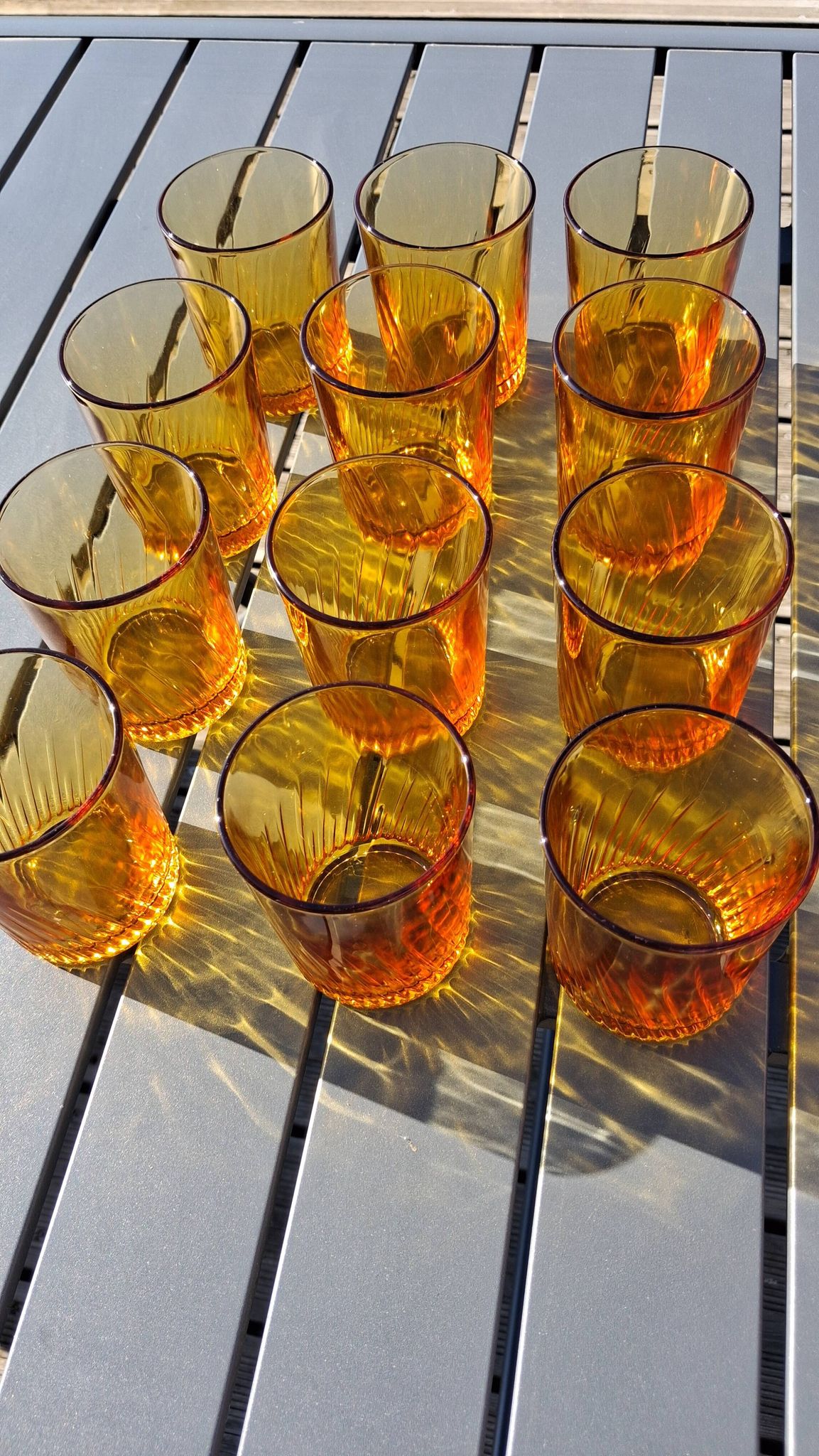 Set of 12 amber textured glass water glasses – 1970s
