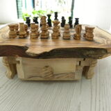 Vintage Handcrafted Carved Olive Wood Chess Games with Natural Edge Drawer