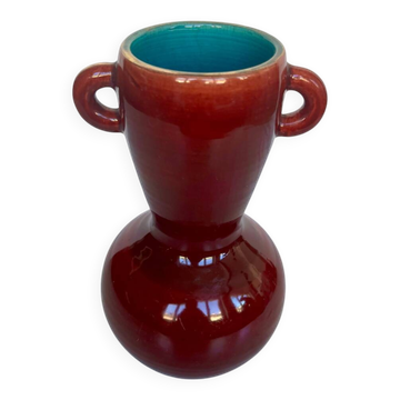 Vintage Accolay vase in red ceramic, double handle.
