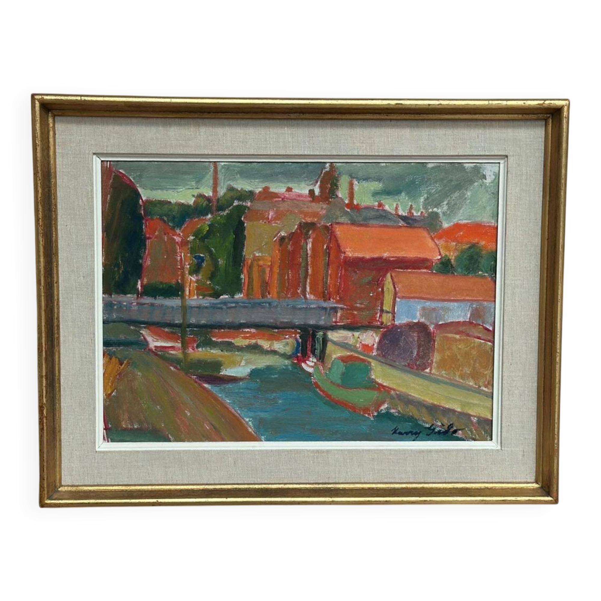 Huile sur toile originale suédoise – « Village » par Kerry Gado – Vintage et encadrée – 59 × 46 cm (23,2" × 18,1")