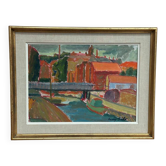 Huile sur toile originale suédoise – « Village » par Kerry Gado – Vintage et encadrée – 59 × 46 cm (23,2" × 18,1")