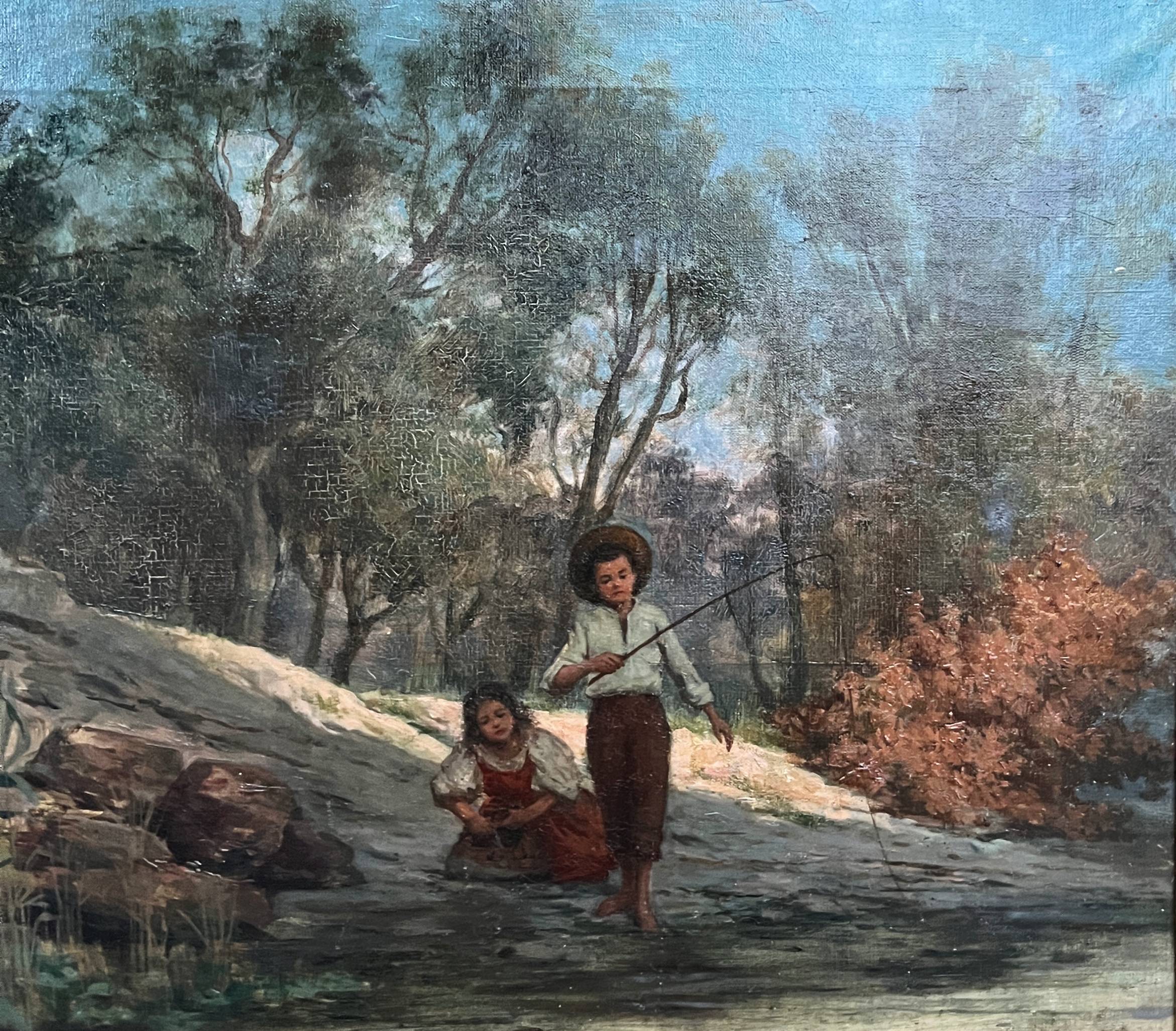 HST painting (19th/20th century) Children fishing in the undergrowth