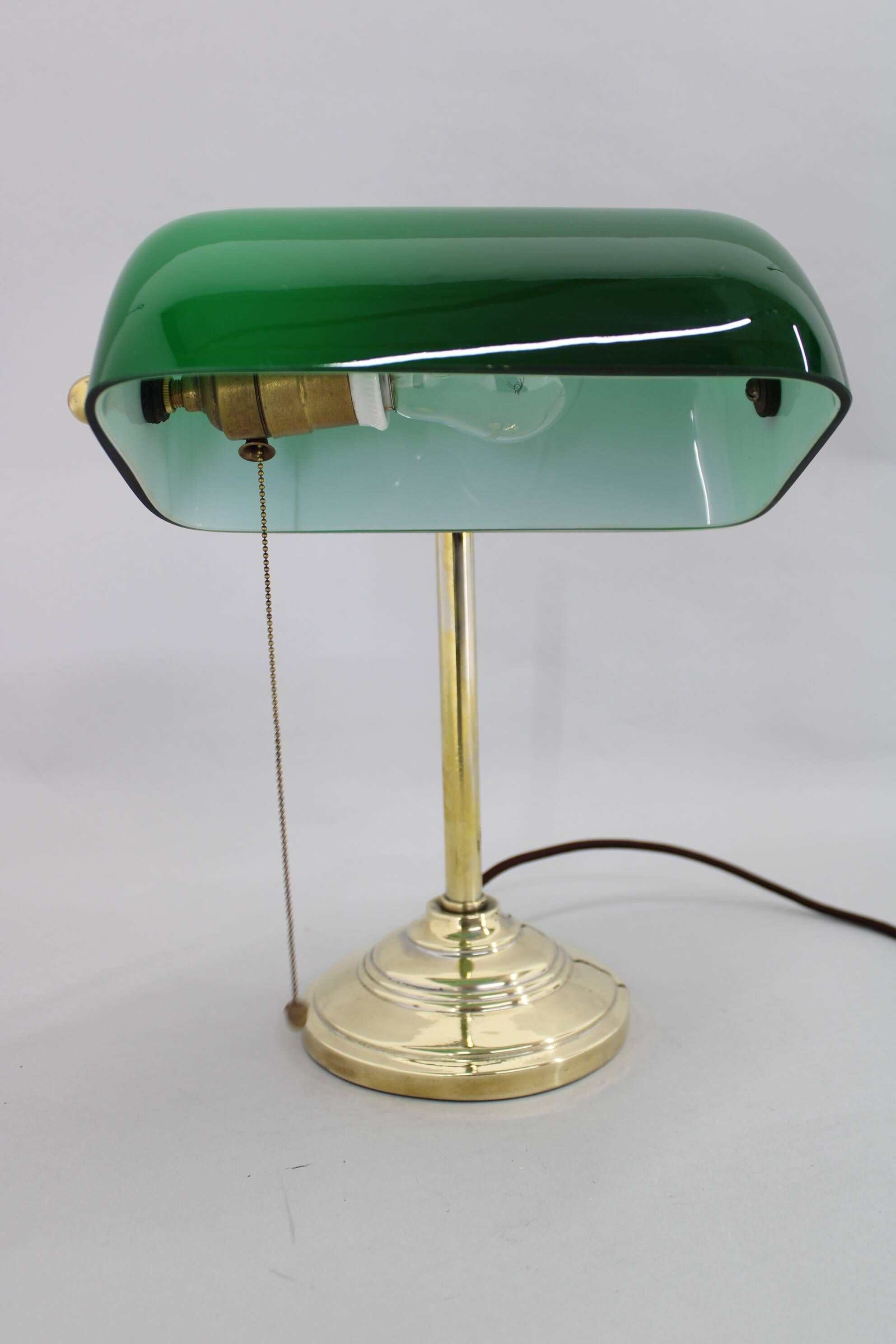 1930s Art Deco Brass  Banker Table Lamp with Glass Shade, Czechoslovakia