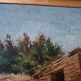 peinture de paysage à l'huile sur carton, cadre ancien du début des années