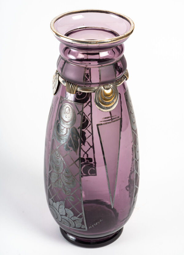 Vase d'argyl verre couleur violet et métal argenté - époque : art déco - xxème siècle