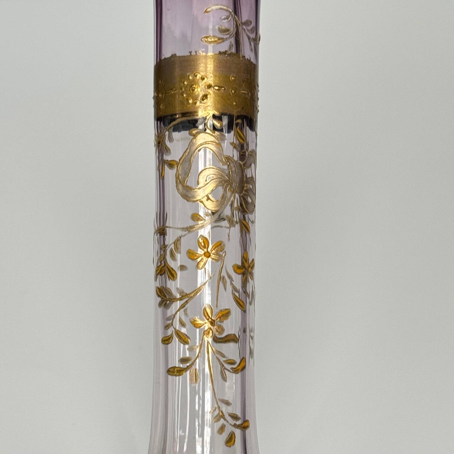 Antique purple tinted glass vase | ribbon/bow and flowers