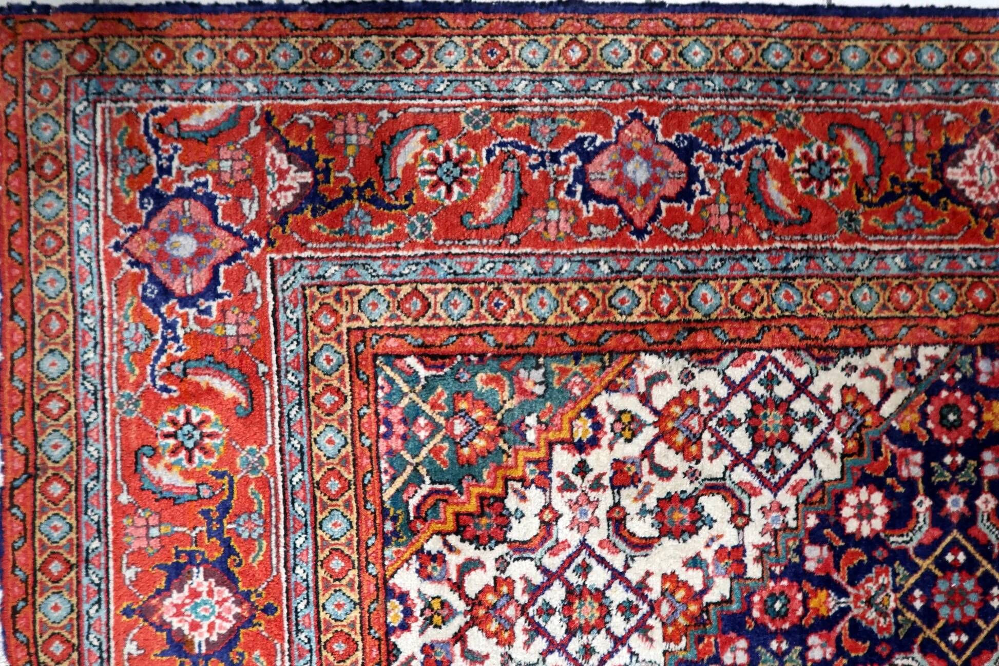 1940s vintage wool medallion rug, red and navy, 206 × 320 cm