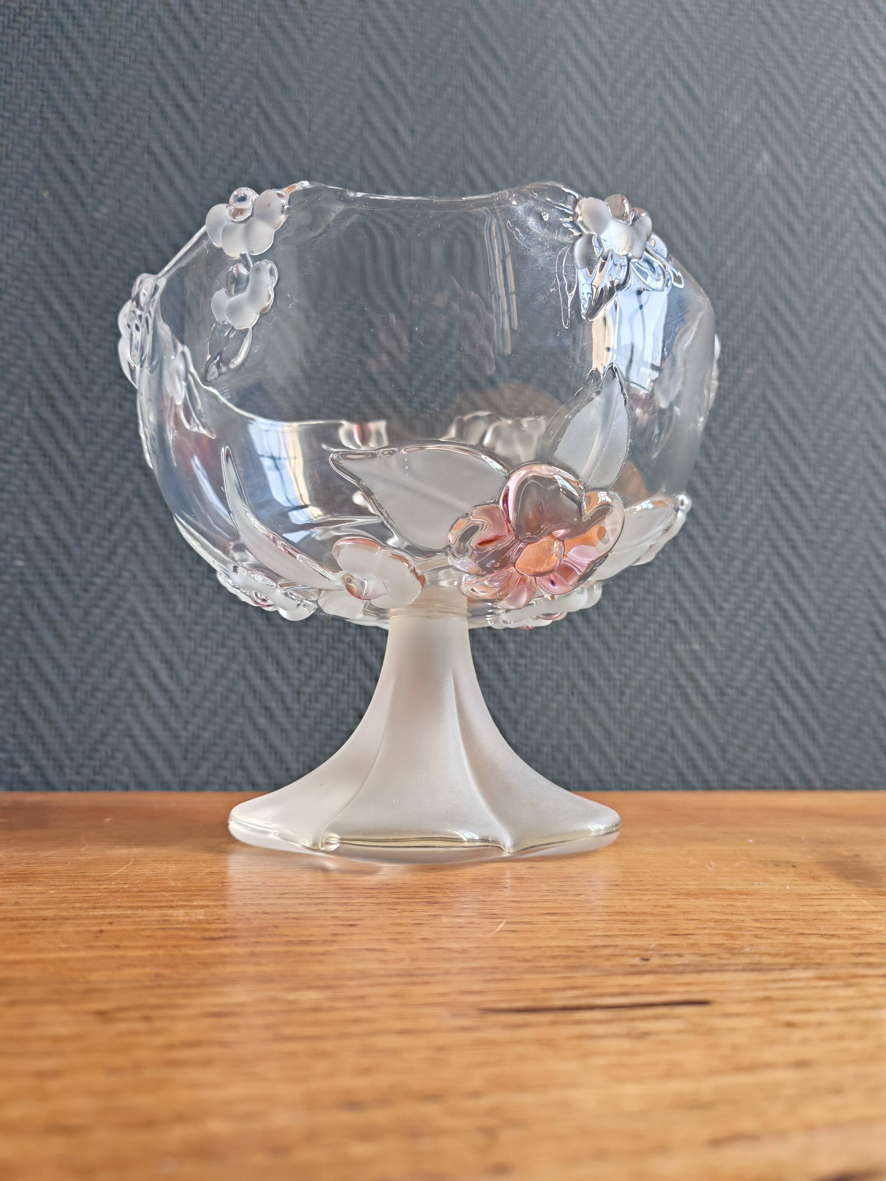 Vintage Frosted Glass Footed Bowl – Relief Decor of Pink Flowers