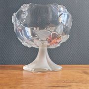 Vintage Frosted Glass Footed Bowl – Relief Decor of Pink Flowers