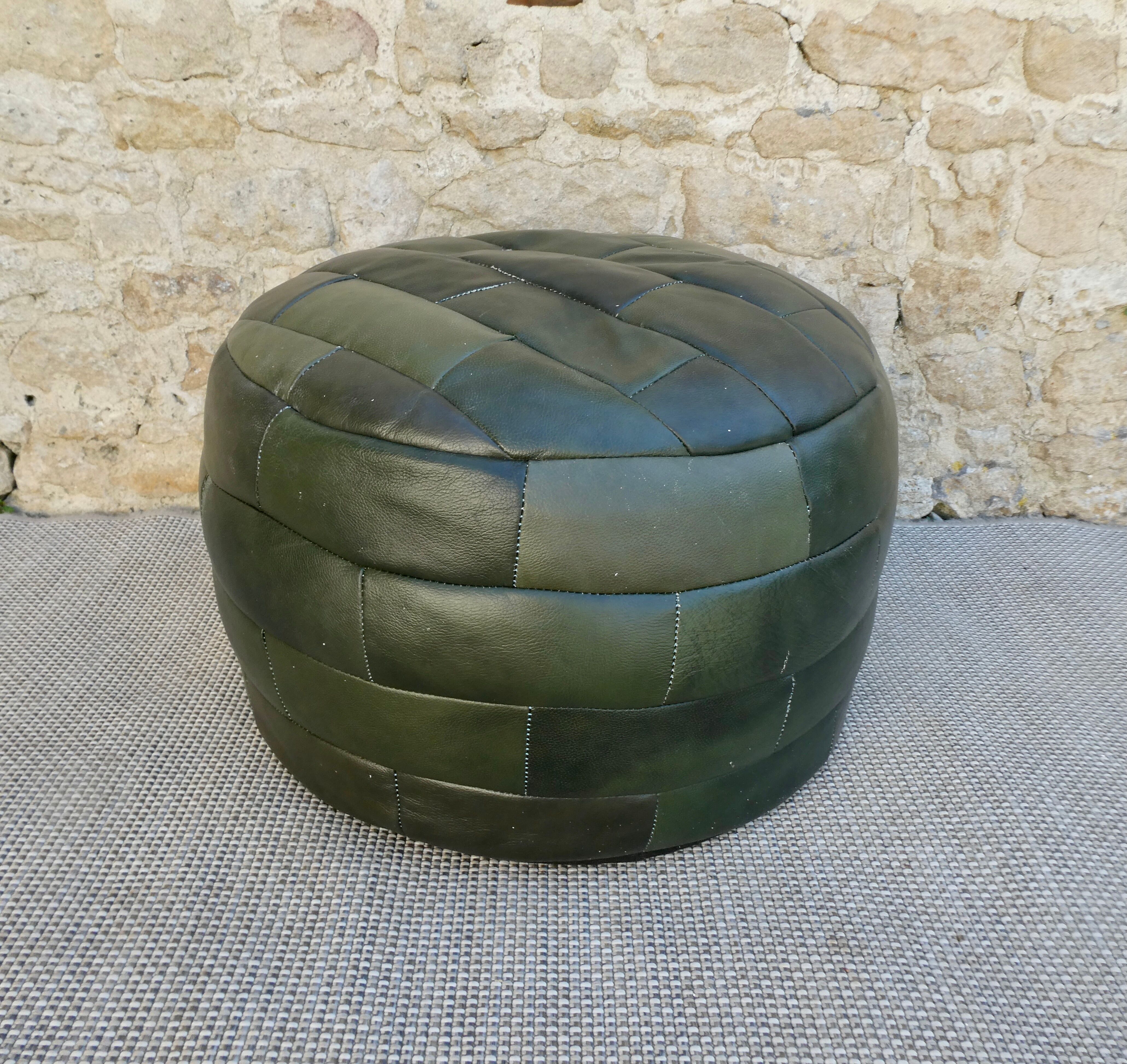 Pouf in green leather patchwork, 70s