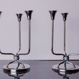 Pair of art deco candlesticks in stainless steel 3 flames and blue stones, Spain, 1970