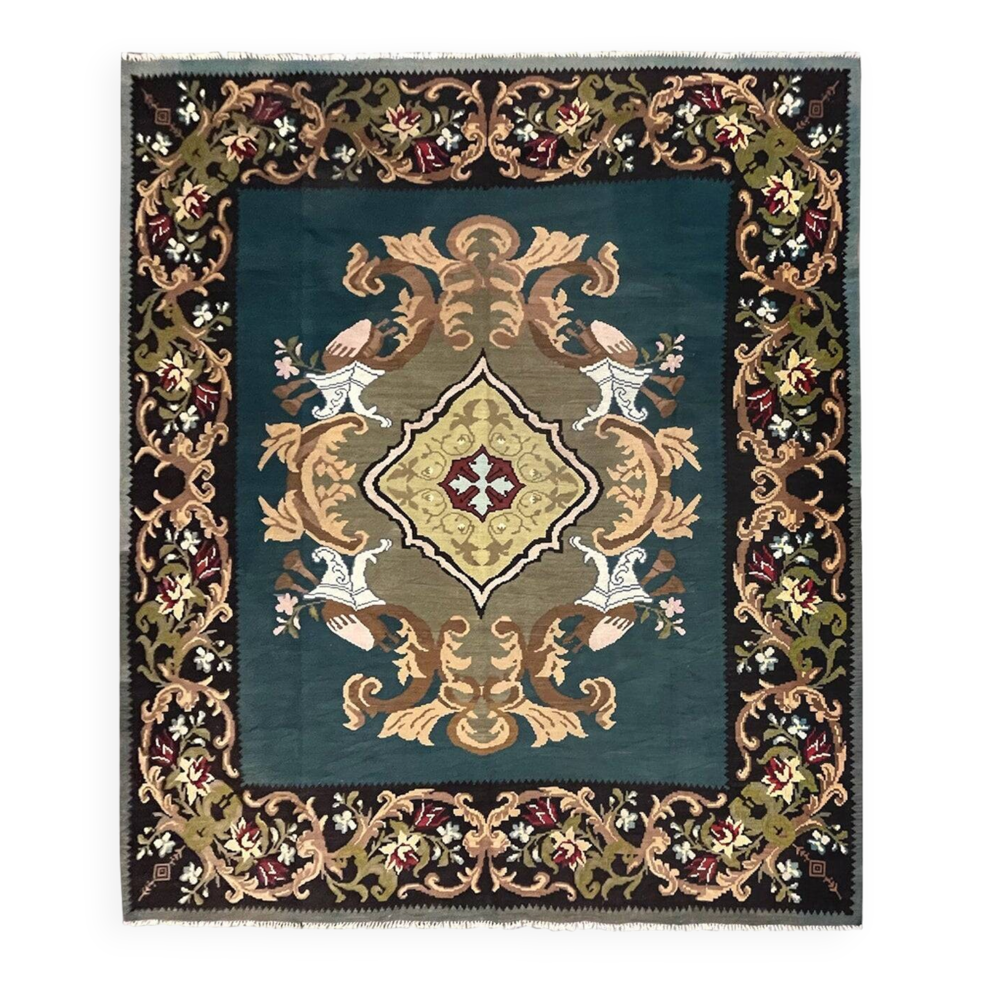 Teal Green Kilim Rug Handwoven Oriental Carpet Moldavian Area Square Rug