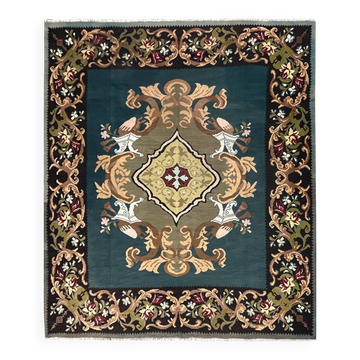 Teal Green Kilim Rug Handwoven Oriental Carpet Moldavian Area Square Rug