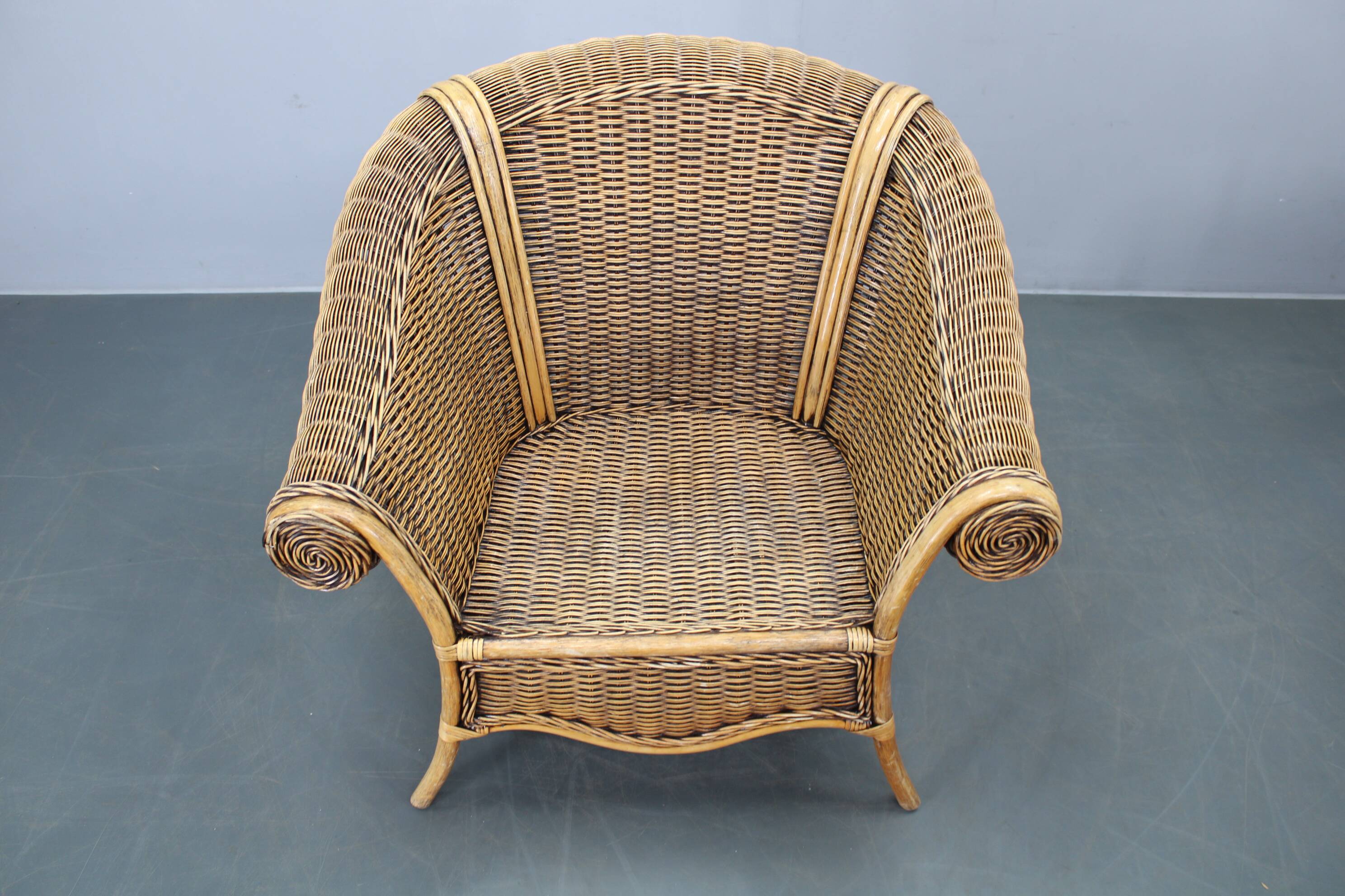 Vintage organic rattan armchair and round coffee table set, 1980s-1990s