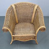 Vintage organic rattan armchair and round coffee table set, 1980s-1990s