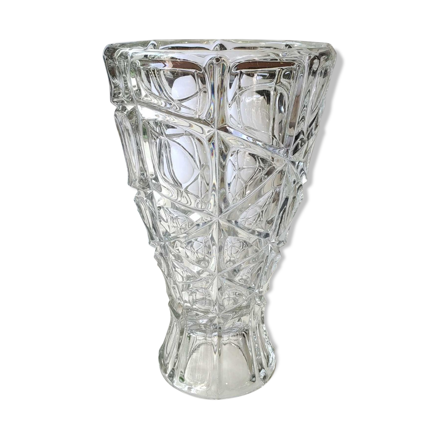 Vintage design vase in crystal. faceted patterns, braces. flared neck