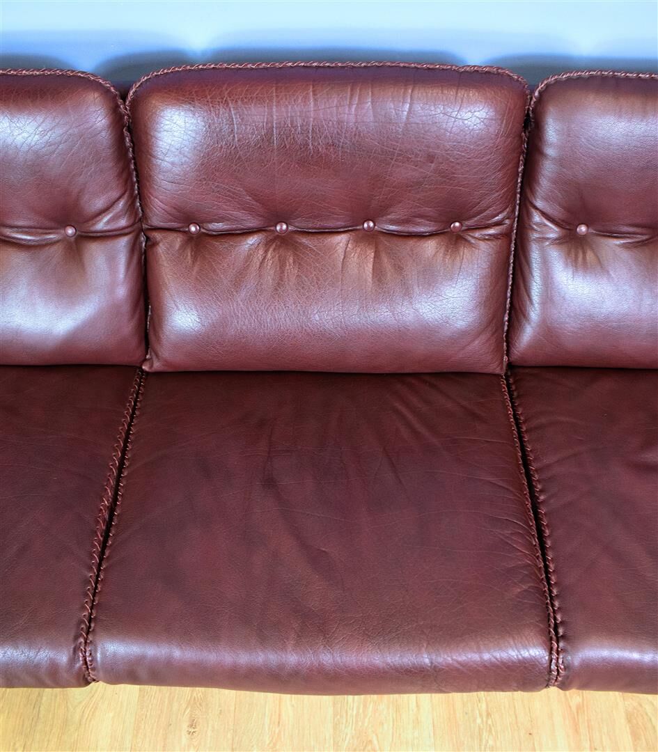 Mid Century Retro Swedish Burgundy Leather Arne Norell 3 Seat Sofa 70s