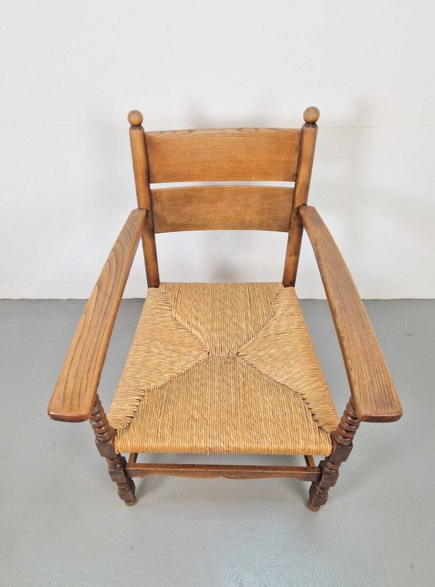 Vintage Dutch Bobbin Armchair in Oak and Rush, 1930s
