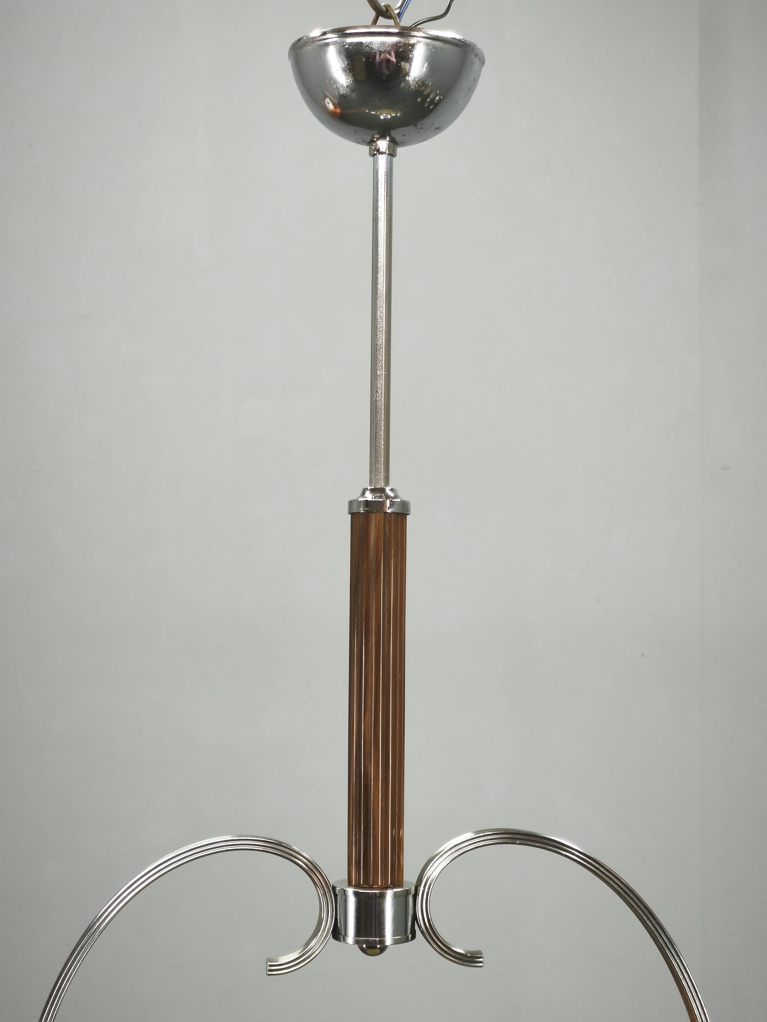1930s Czech Art Deco Chrome and Frosted Glass Chandelier