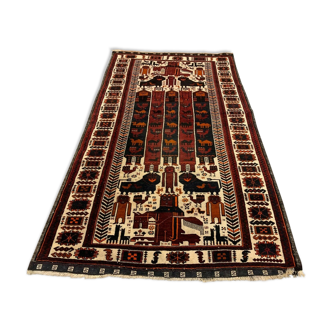 Vintage Tribal Lion Rug 204x110 cm, Old Tribal Wool Carpet, Black, Red Cream