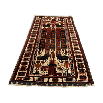 Vintage Tribal Lion Rug 204x110 cm, Old Tribal Wool Carpet, Black, Red Cream