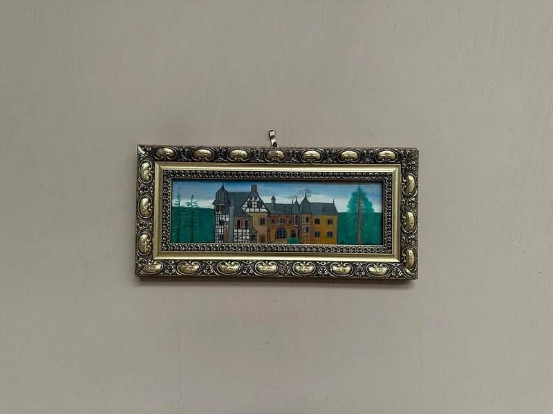 Original woodcut art “Buildings II” by unknown artist, vintage & framed 34×16cm