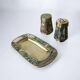 Abalone shell salt & pepper shakers with tray, Alpaca Mexico, 1970s