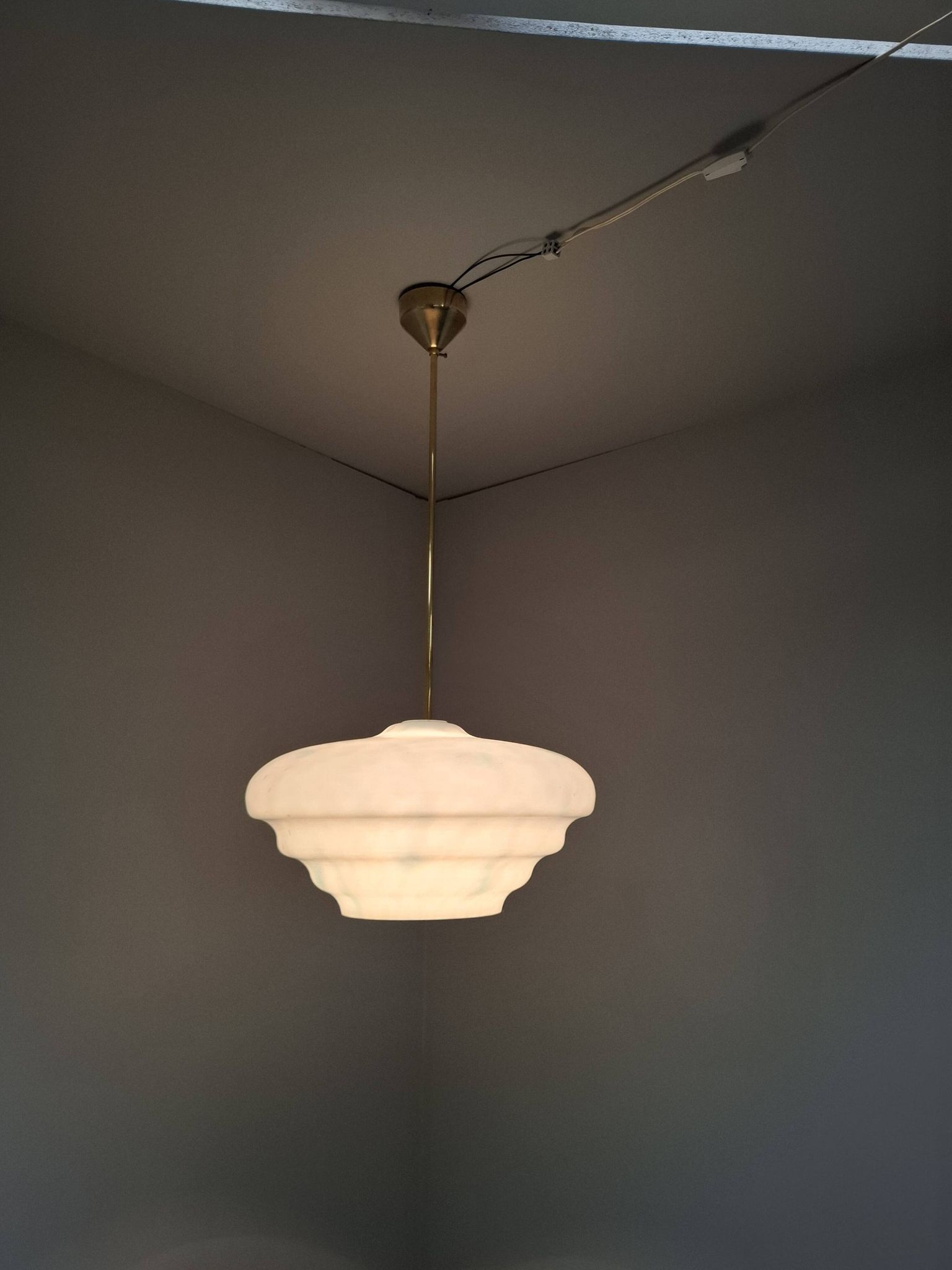 Napako Midcentury Modern Pendant Lamp in Opaline Glass and Brass, Czechoslovakia